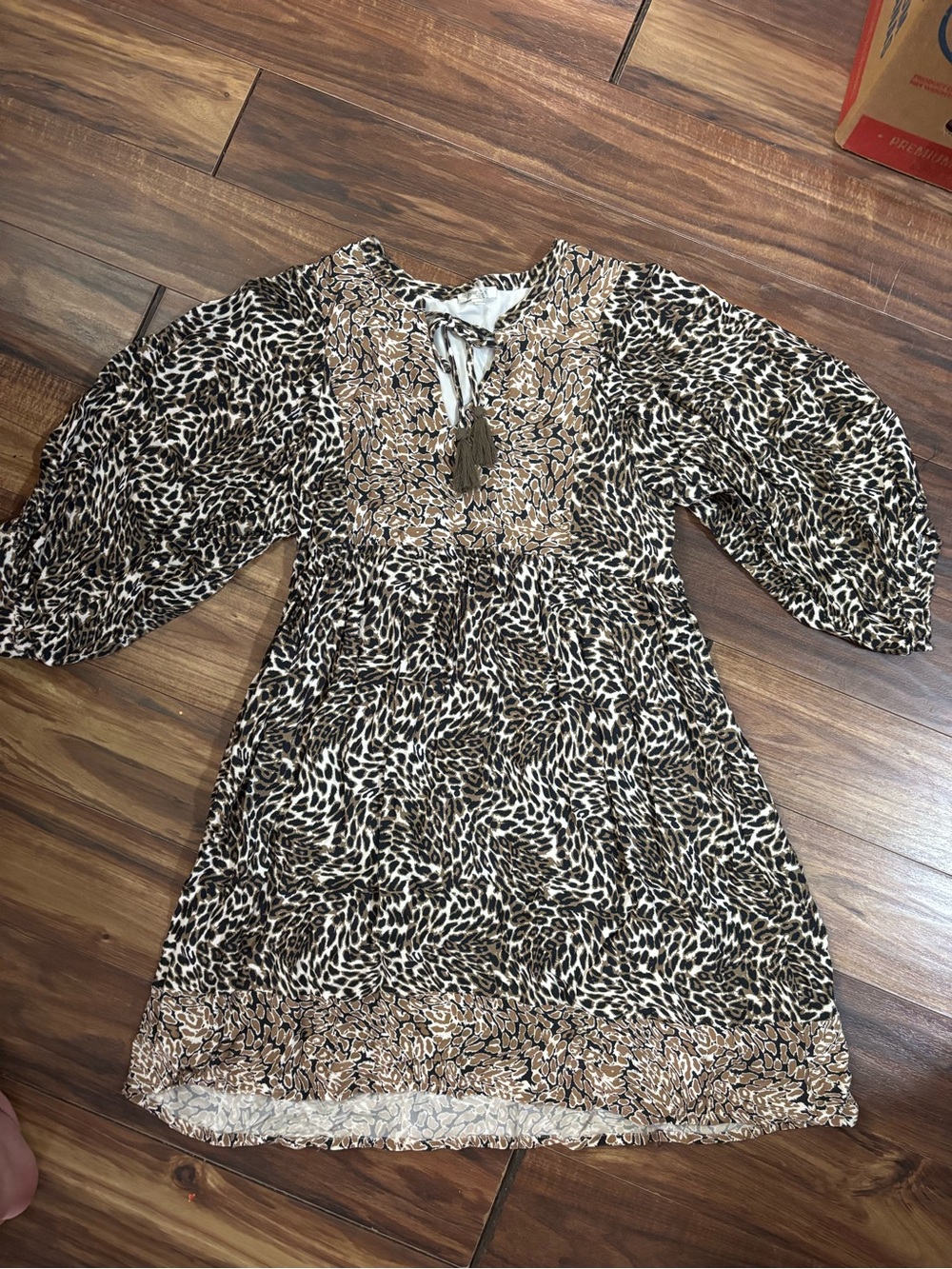 Tyler bae S leopard cheetah animal print tassles resort dress midi puff sleeve